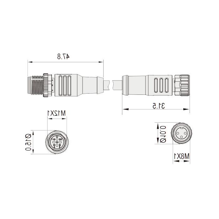 M8转M12 3Pin、M8母头直型 带LED灯转M12公头直型、双端预铸PUR柔性电缆、黑色护套、63D251-XXX